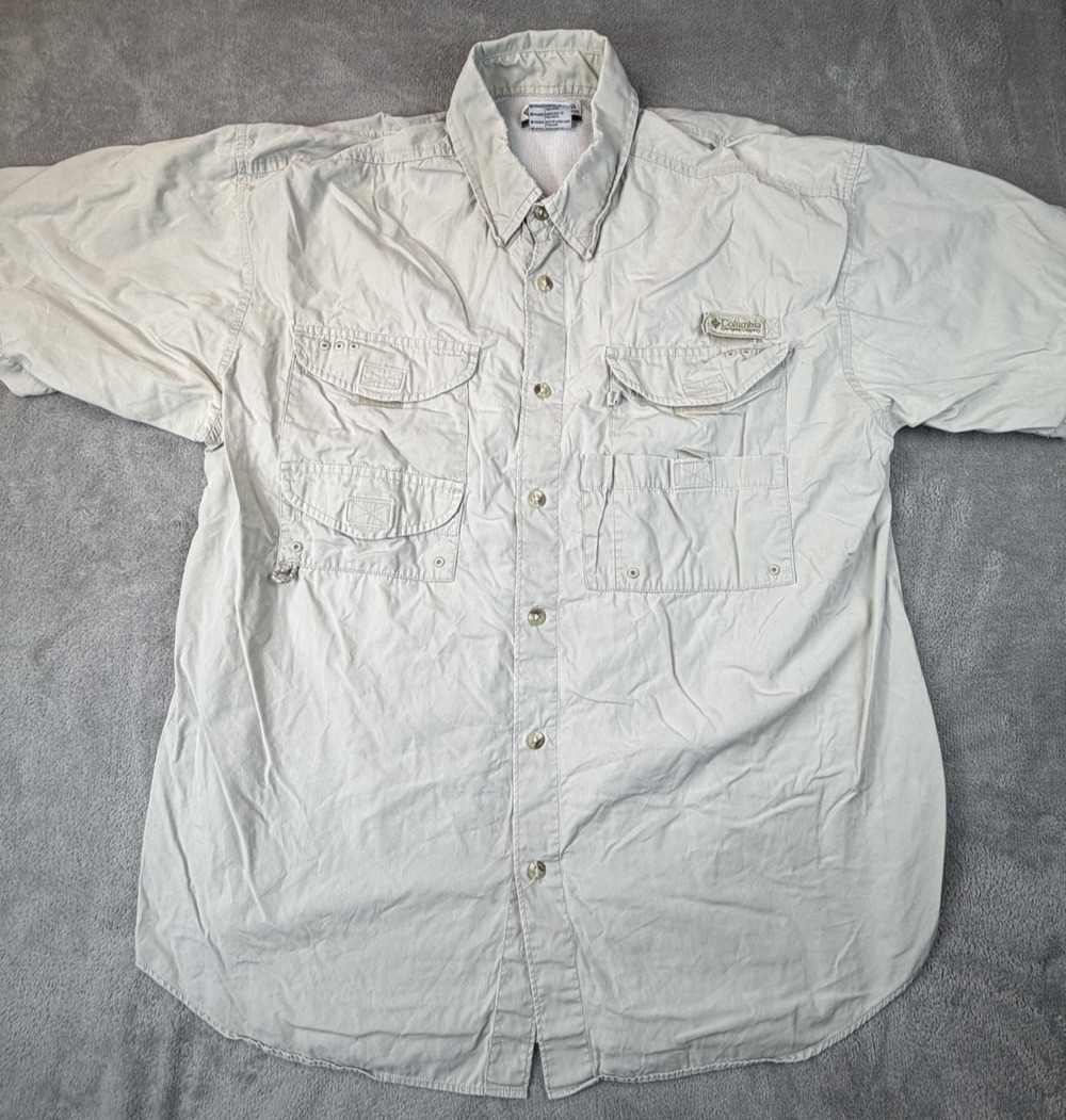 Vintage Columbia PFG Men’s L Beige Fishing Shirt Short Sleeve Button Up